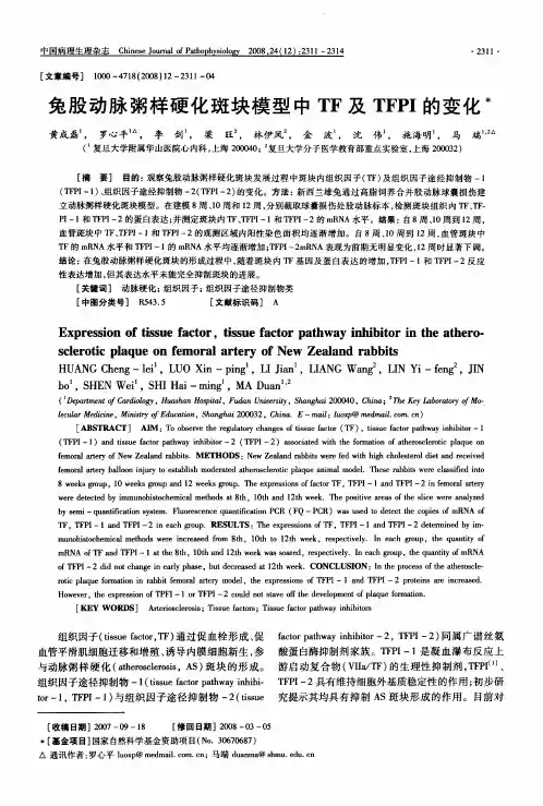 兔股动脉粥样硬化斑块模型中TF及TFPI的变化