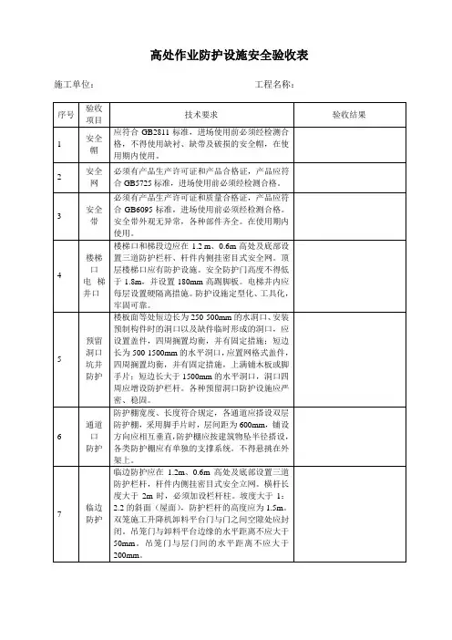 高处作业防护设施安全验收表