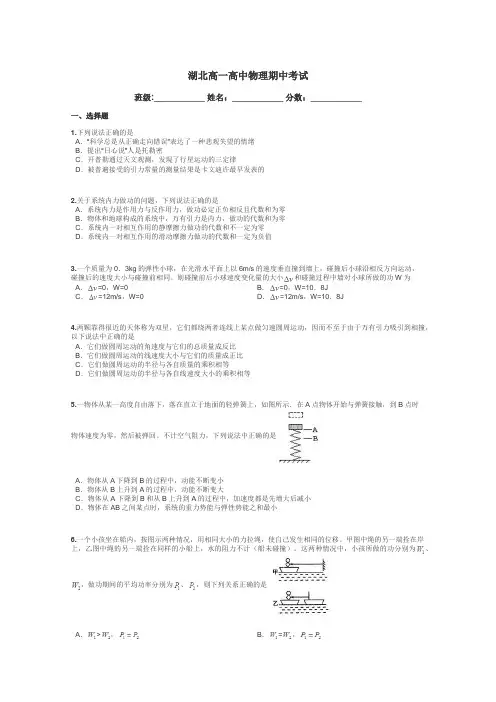 湖北高一高中物理期中考试带答案解析
