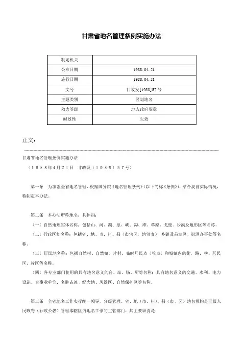 甘肃省地名管理条例实施办法-甘政发[1988]57号