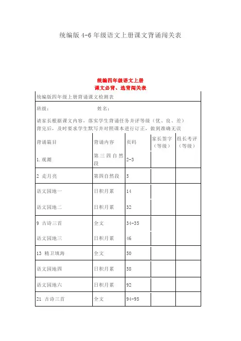 统编版4-6年级语文上册课文背诵闯关表