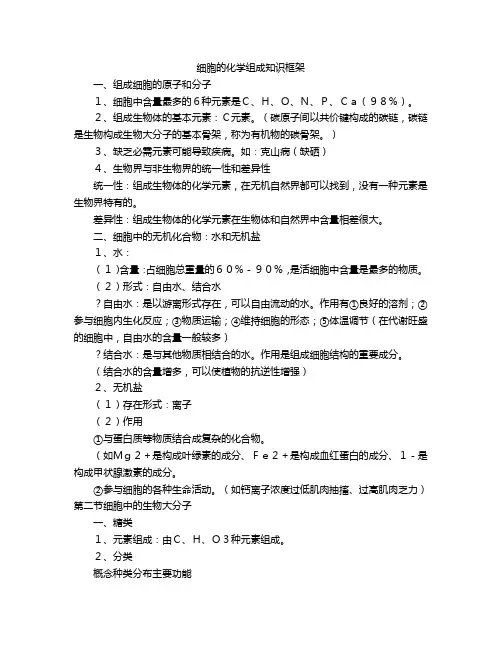细胞的化学组成知识框架