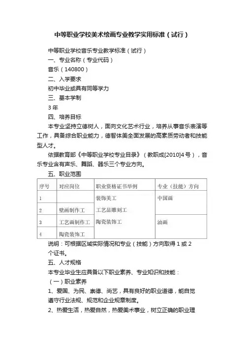 中等职业学校美术绘画专业教学实用标准（试行）