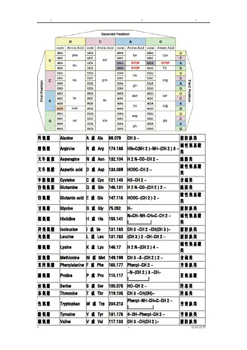 氨基酸密码子对照表