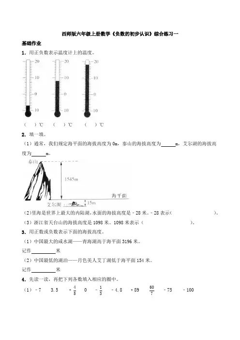 西师版六年级上册数学《负数的初步认识》综合练习一