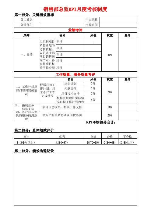 销售部KPI月度绩效考核表