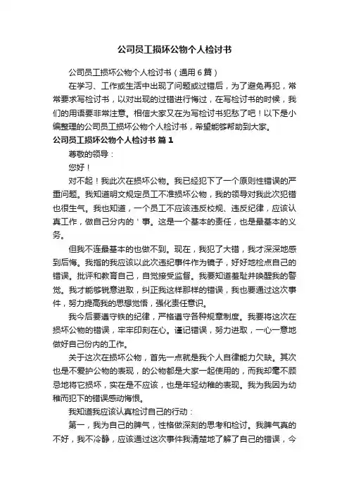 公司员工损坏公物个人检讨书（通用6篇）