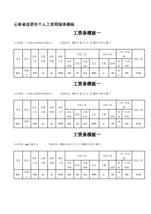 云南省昆明市个人工资明细表模板