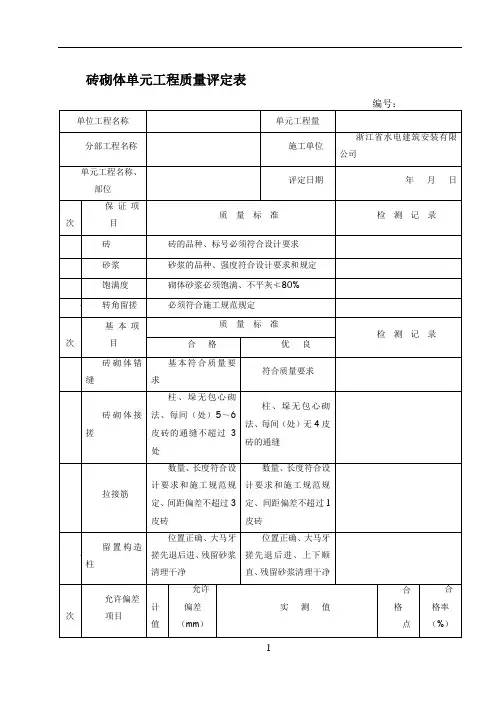 砖砌体单元工程质量评定表