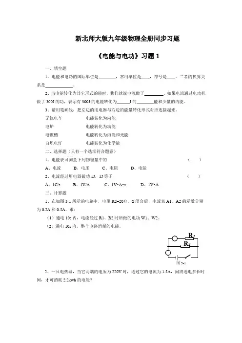新北师大版九年级物理全册同步习题《电能与电功》习题1