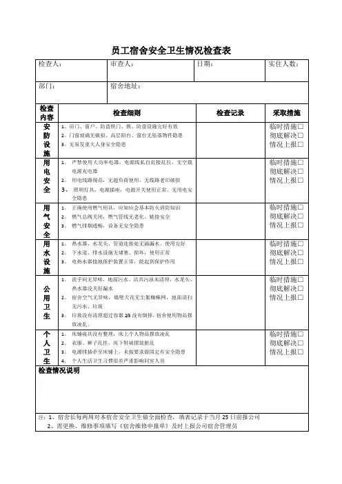 公司员工宿舍安全卫生检查表
