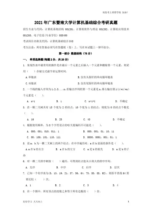 2021年广东暨南大学计算机基础综合考研真题