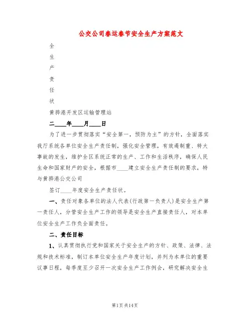 公交公司春运春节安全生产方案范文(3篇)