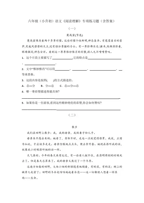 六年级(小升初)语文《阅读理解》专项练习题(含答案)