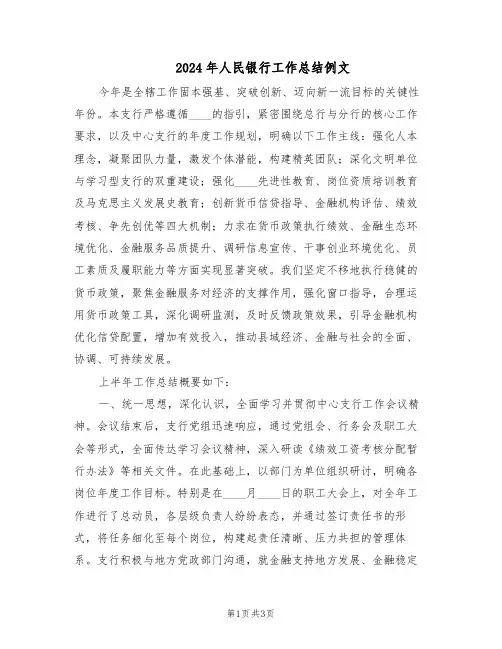2024年人民银行工作总结例文（二篇）