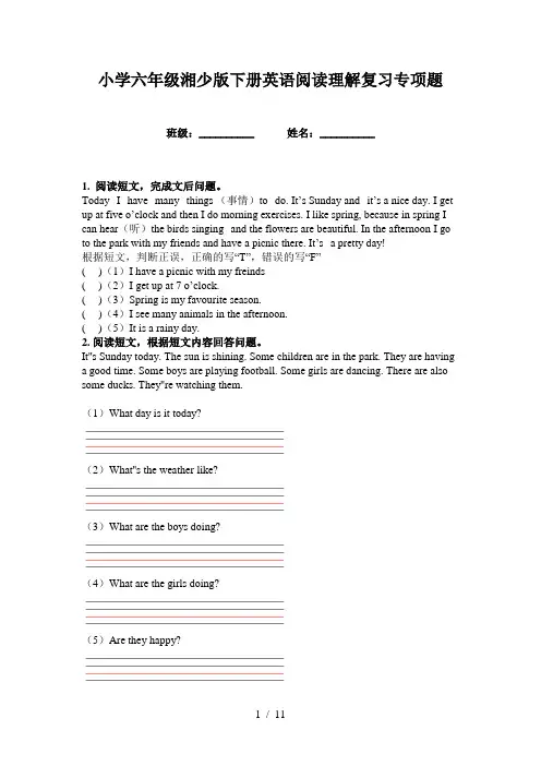 小学六年级湘少版下册英语阅读理解复习专项题