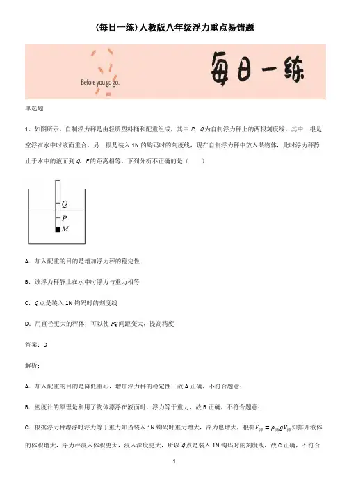 人教版八年级浮力重点易错题