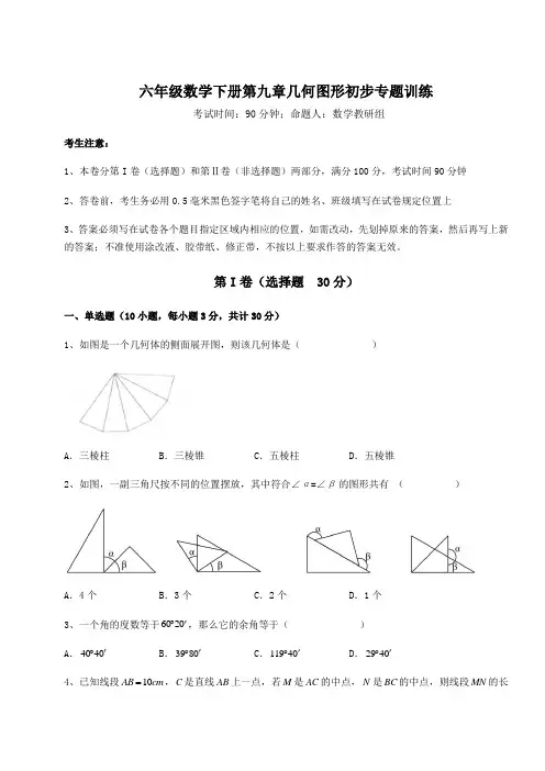 度强化训练人教版(五四制)六年级数学下册第九章几何图形初步专题训练试题(含答案及详细解析)
