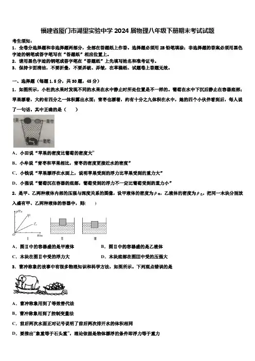福建省厦门市湖里实验中学2024届物理八年级下册期末考试试题含解析