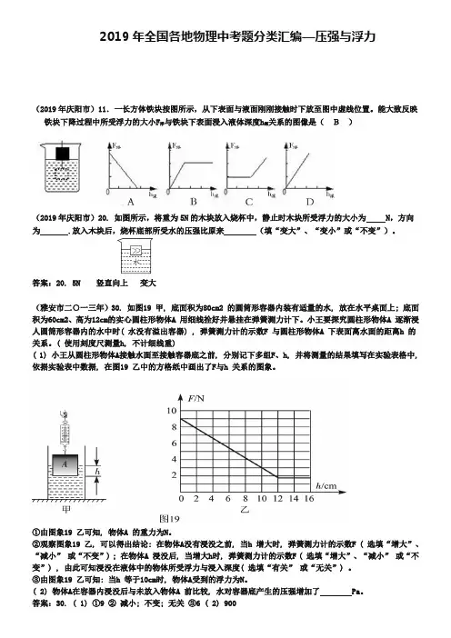 2019年全国中考物理试题分类汇编：压强与浮力【含答案】