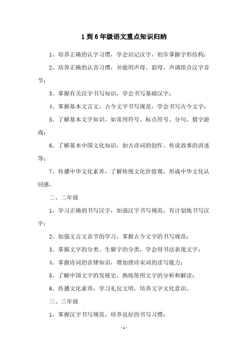 1到6年级语文重点知识归纳
