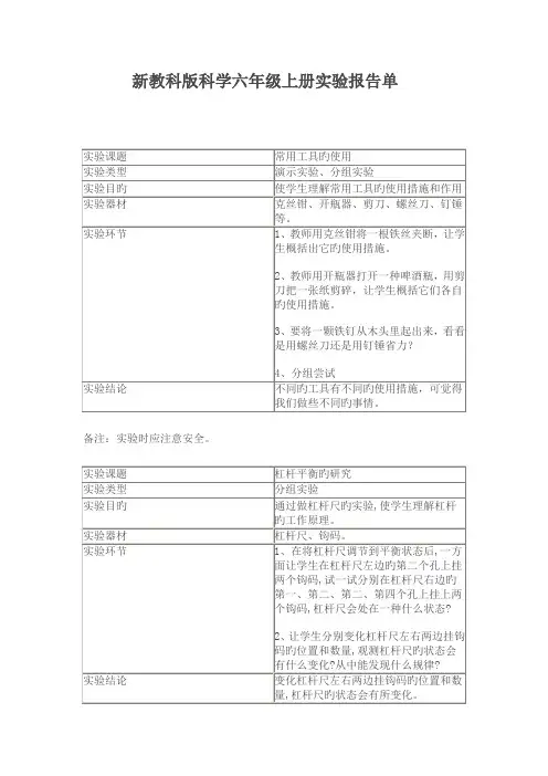 2022年新教科版科学六年级上册实验报告单