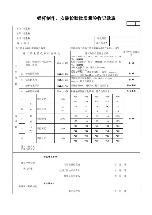 锚杆制作、安装检验批质量验收记录表