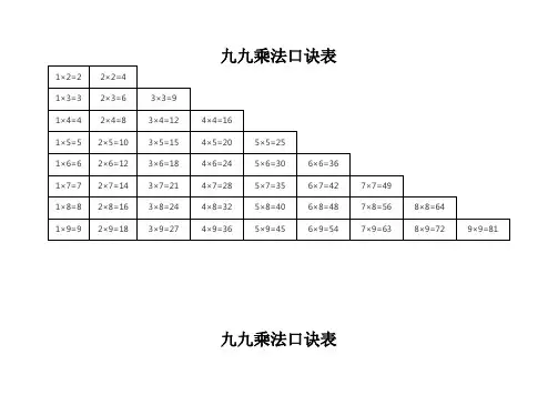 二年级上学期九九乘法口诀表文字版
