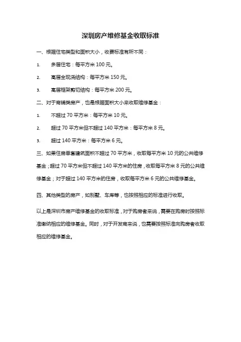 深圳房产维修基金收取标准