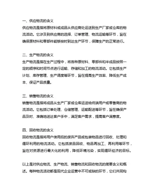 简述供应物流、生产物流、销售物流、回收物流的含义