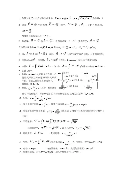 大学普通物理公式大全