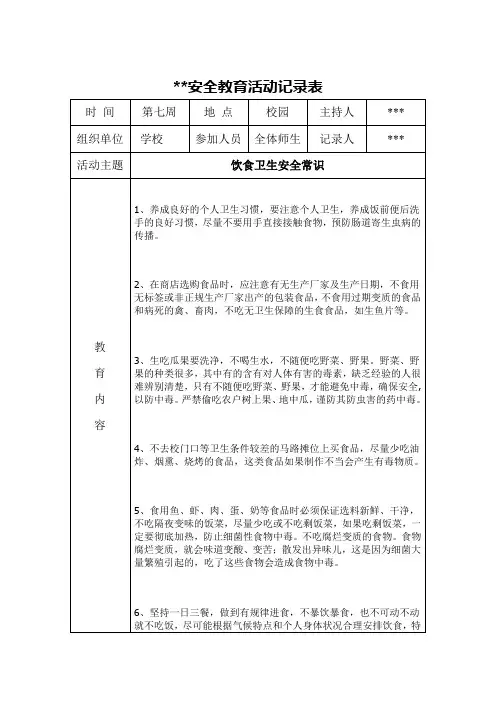 饮食卫生常识安全教育活动记录表