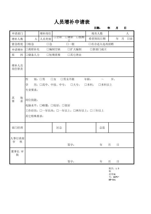 人员增补申请表