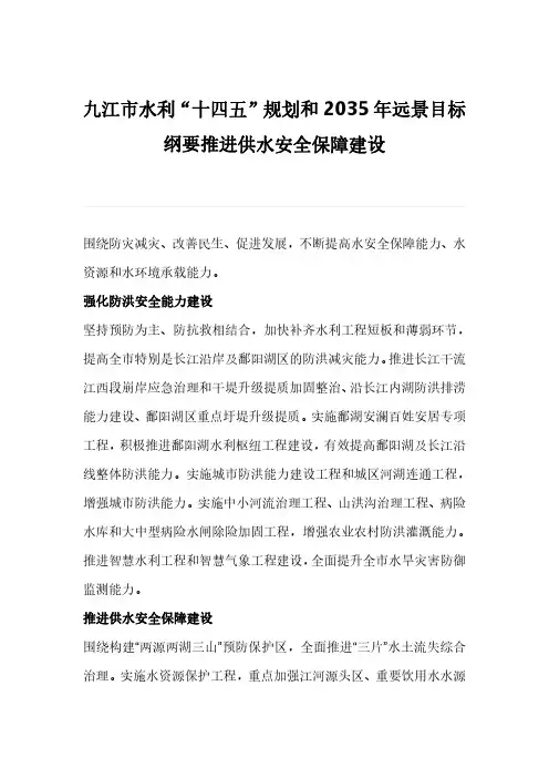 九江市水利“十四五”规划和2035年远景目标纲要推进供水安全保障建设