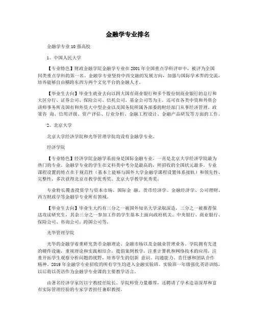 金融学专业排名