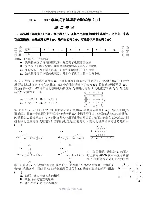 2014-2015学年度高二物理下学期期末测试题-2