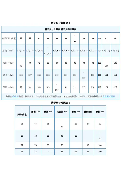 裤子尺码对照表