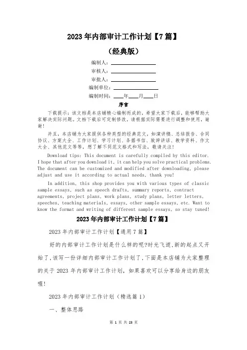 2023年内部审计工作计划【7篇】