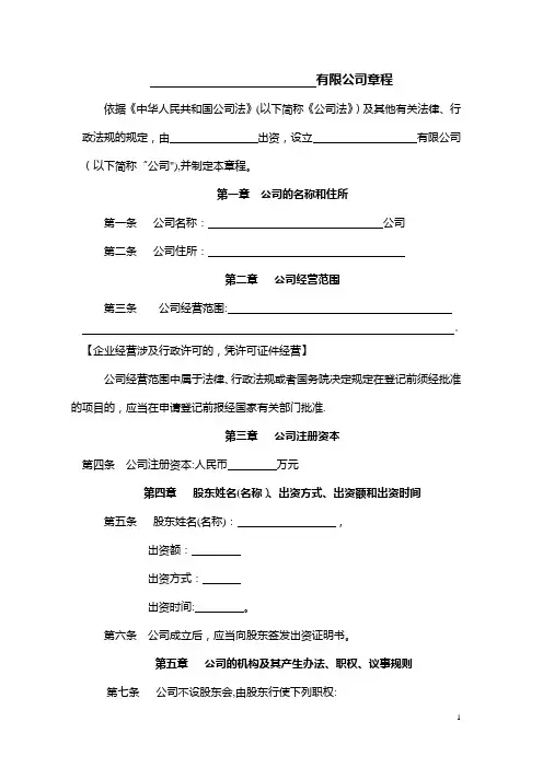 一人有限责任公司章程(不设董事会不设监事会)