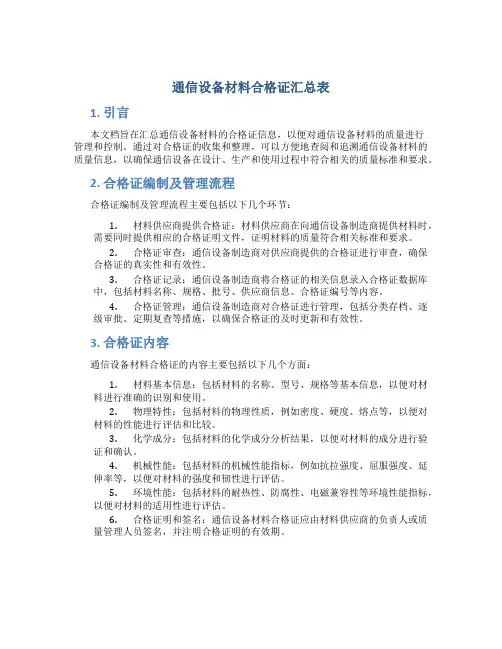 通信设备材料合格证汇总表