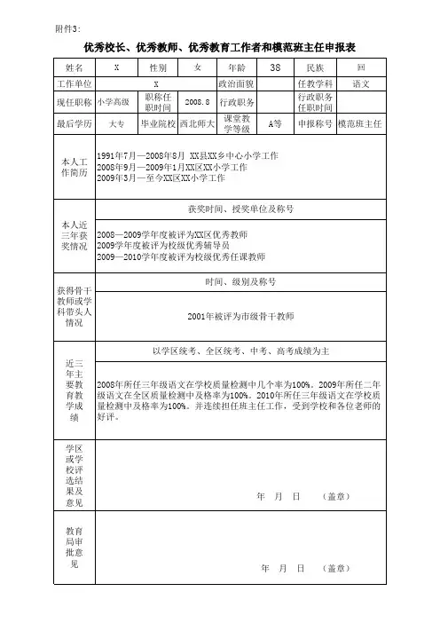 优秀校长、优秀教师、优秀教育工作者和模范班主任申报表