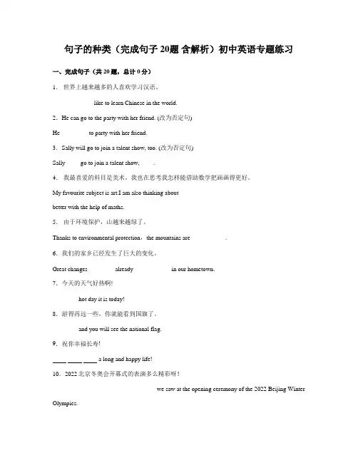 句子的种类(完成句子 20题 含解析)初中英语专题练习 (2)