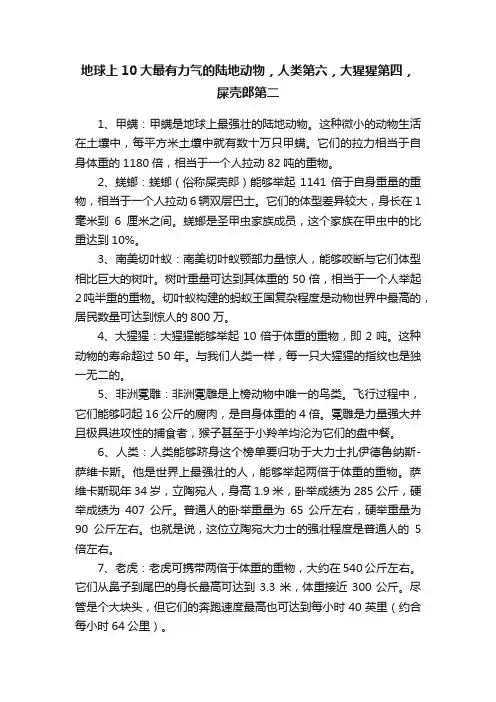 地球上10大最有力气的陆地动物，人类第六，大猩猩第四，屎壳郎第二