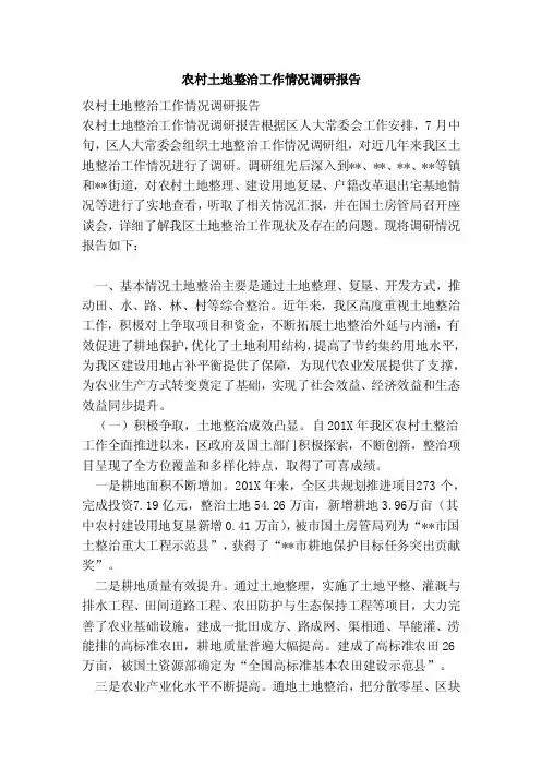 农村土地整治工作情况调研报告（范本）