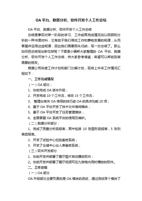 OA平台、数据分析、软件开发个人工作总结