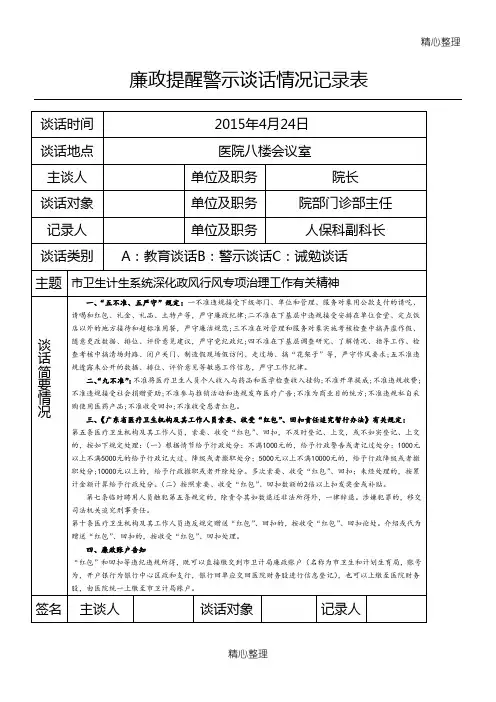 廉政警示提醒谈话情况记录表