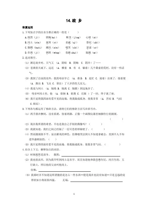 人教版九年级语文上册(2018部编版)14《故乡》同步练习