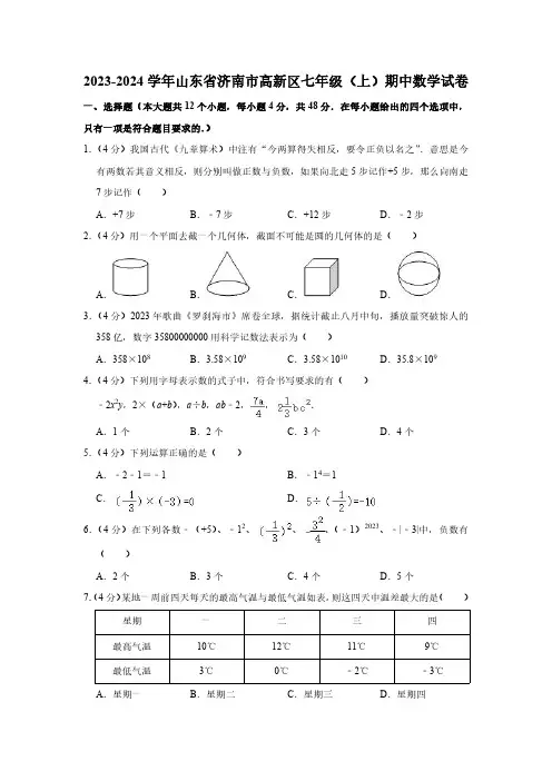 2023-2024学年山东省济南市高新区七年级(上)期中数学试卷(PDF版含解析)