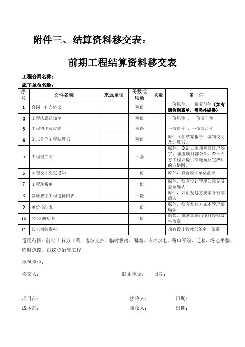 工程结算资料移交表