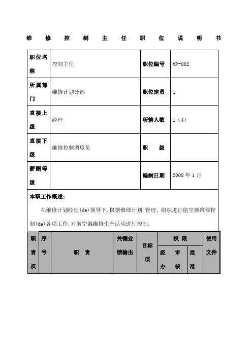 航空物流公司维修控制主任职位说明书及关键绩效标准